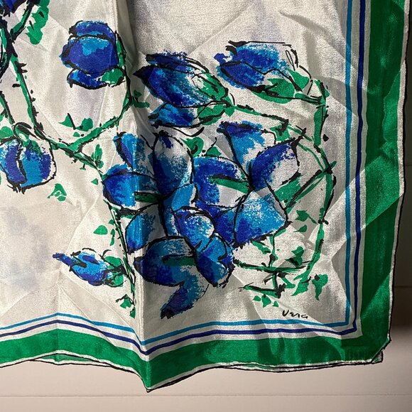 Vintage Scarves by Vera 100% Silk Hand Rolled Floral Blue, Green & White 30" SQ - Picture 1 of 8